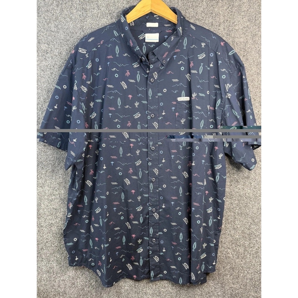 Columbia Button Down Shirt Men's Size XXL Blue Camp Trail Print Short Sleeve